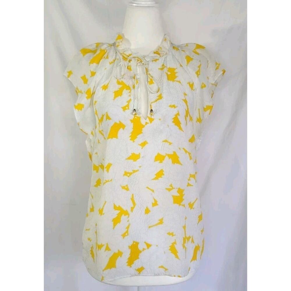 Marie Oliver Yellow White Floral Silk Neck Tie Blouse XXS
